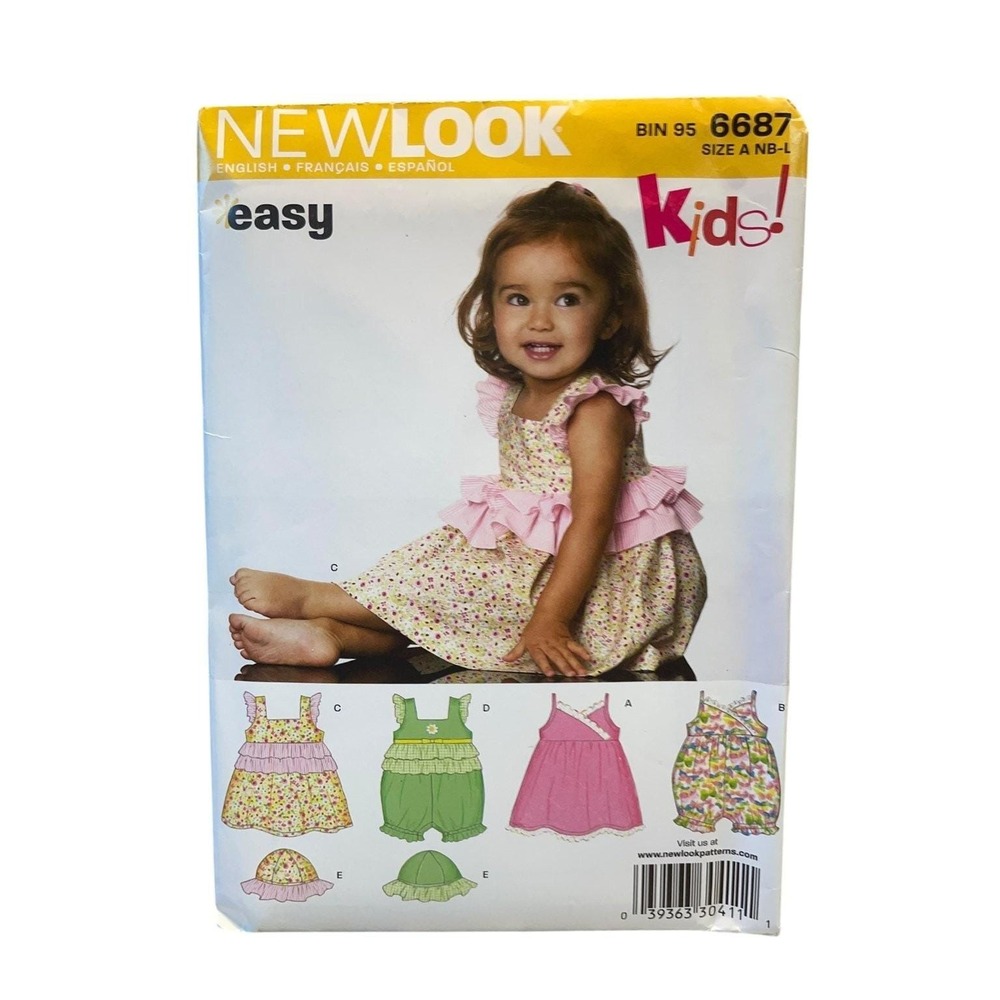 New‎ Look 6687 Kids Dress Romper Hat Sewing Pattern Size Newborn-L